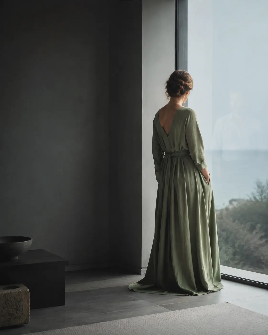 Una donna davanti a una finestra, con una presenza appena riflessa
